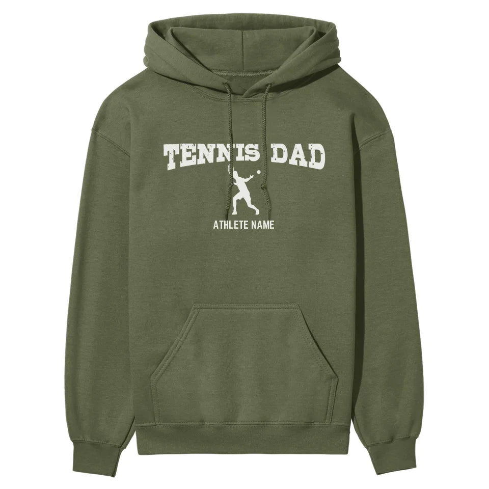 Tennis Dad with Tennis Player Icon and Tennis Player Name on a Hoodie with a White Graphic