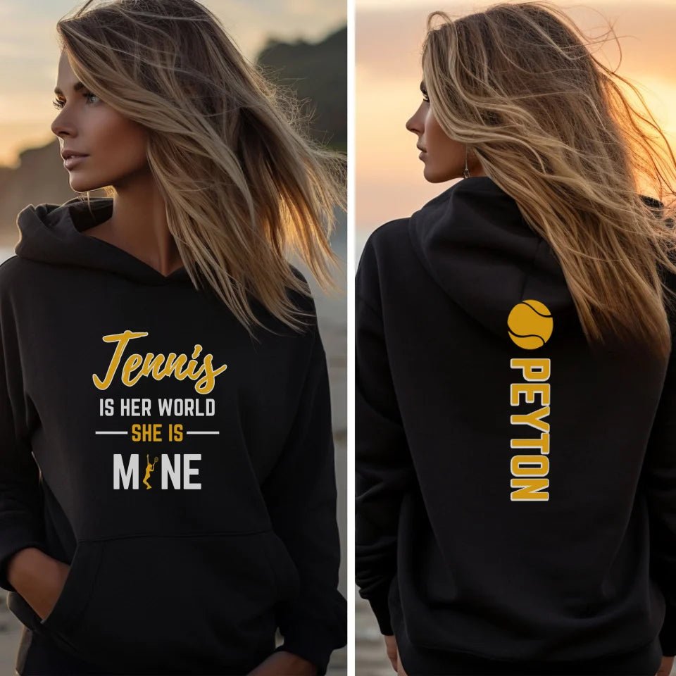 Tennis Is Her World, She Is Mine With Tennis Player Name And Custom Sleeve on a Hoodie