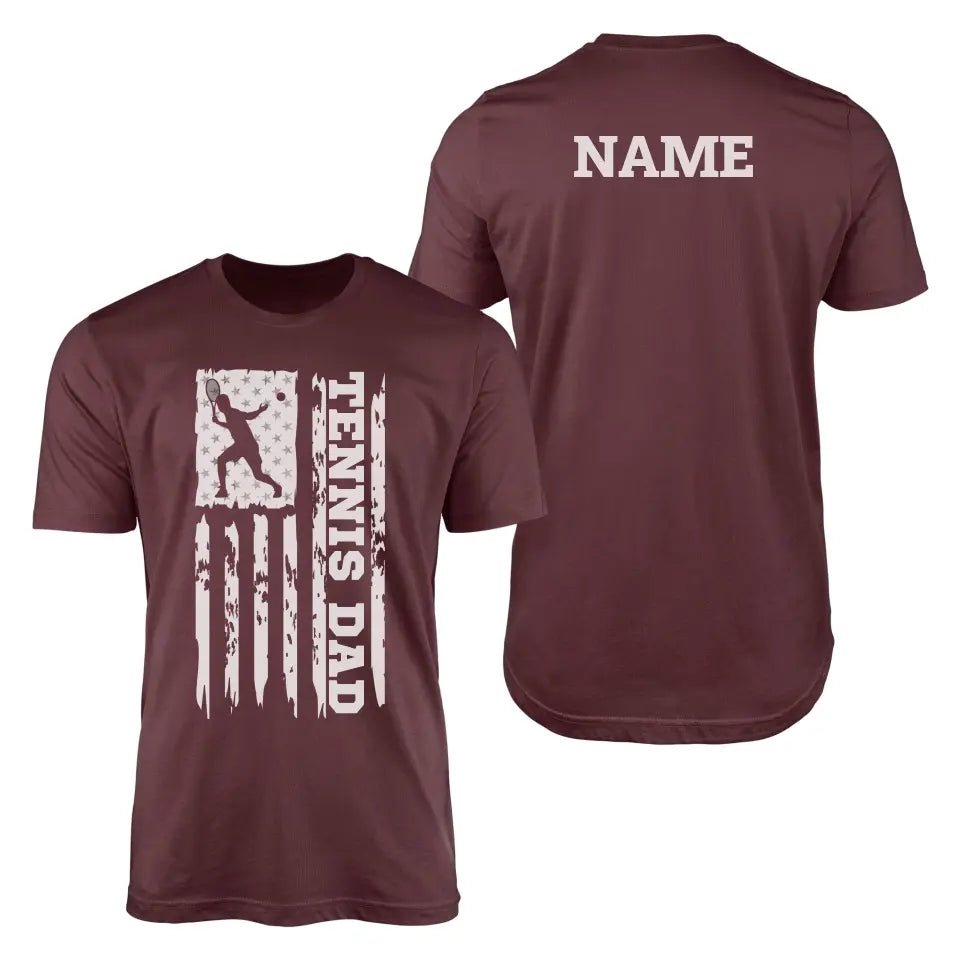 Tennis Dad Vertical Flag With Tennis Player Name on a Men's T-Shirt with a White Graphic