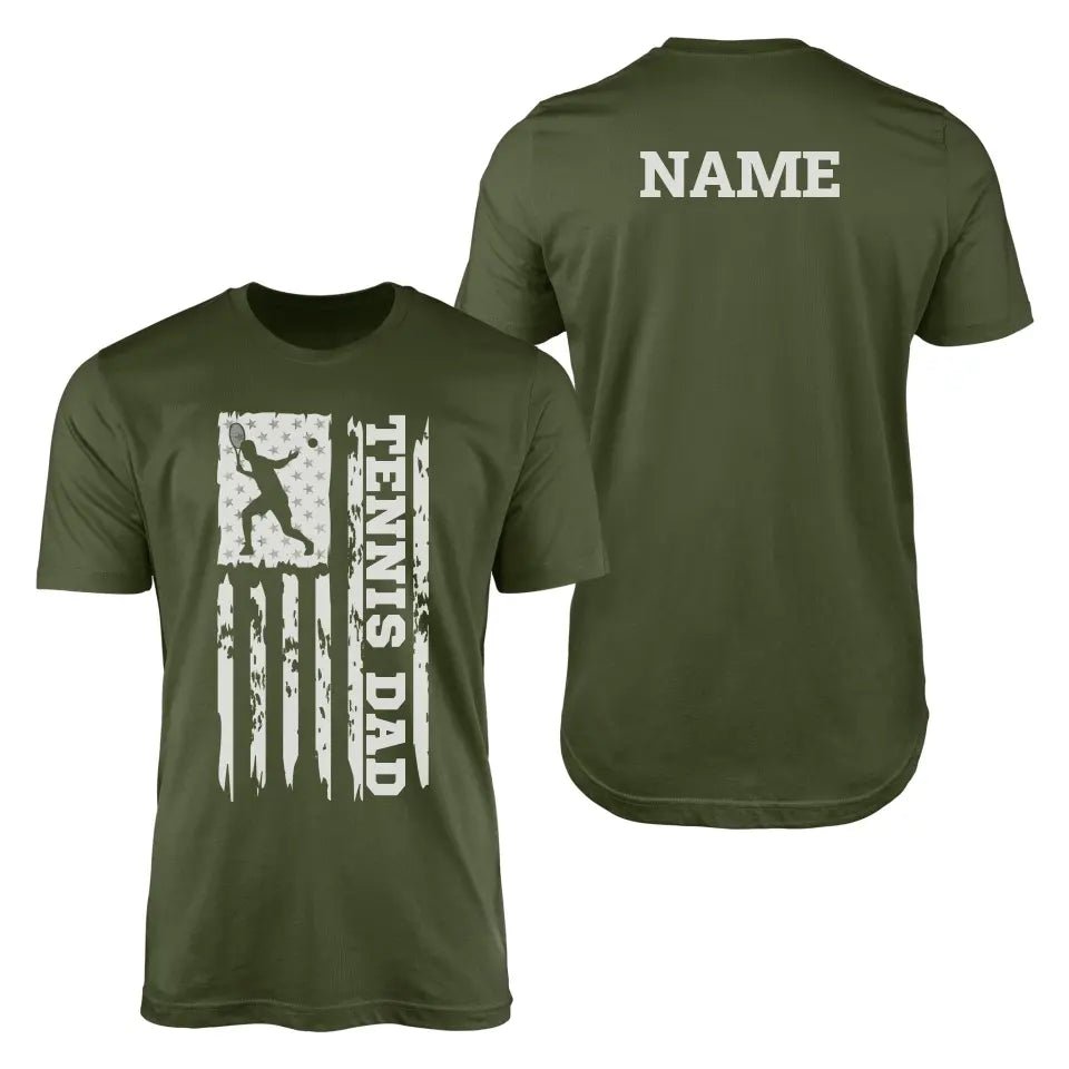 Tennis Dad Vertical Flag With Tennis Player Name on a Men's T-Shirt with a White Graphic