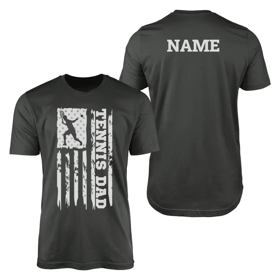Tennis Dad Vertical Flag With Tennis Player Name on a Men's T-Shirt with a White Graphic