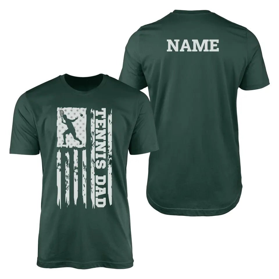 Tennis Dad Vertical Flag With Tennis Player Name on a Men's T-Shirt with a White Graphic