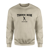 Tennis Mom with Tennis Player Icon and Tennis Player Name on a Sweatshirt with a Black Graphic