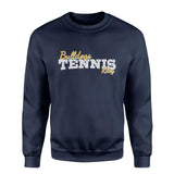 Custom Tennis Mascot and Tennis Player Name on a Sweatshirt with a White Graphic