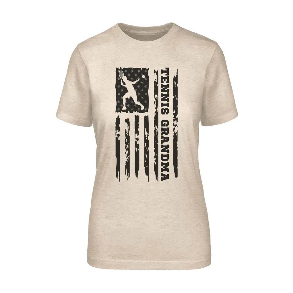 Tennis Grandma Vertical Flag on a Unisex T-Shirt with a Black Graphic