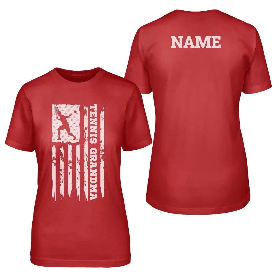 Tennis Grandma Vertical Flag With Tennis Player Name on a Unisex T-Shirt with a White Graphic