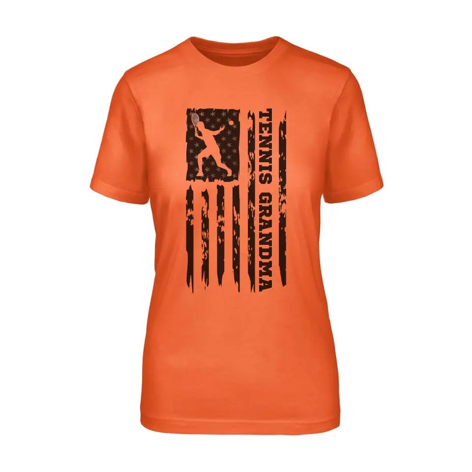 Tennis Grandma Vertical Flag on a Unisex T-Shirt with a Black Graphic