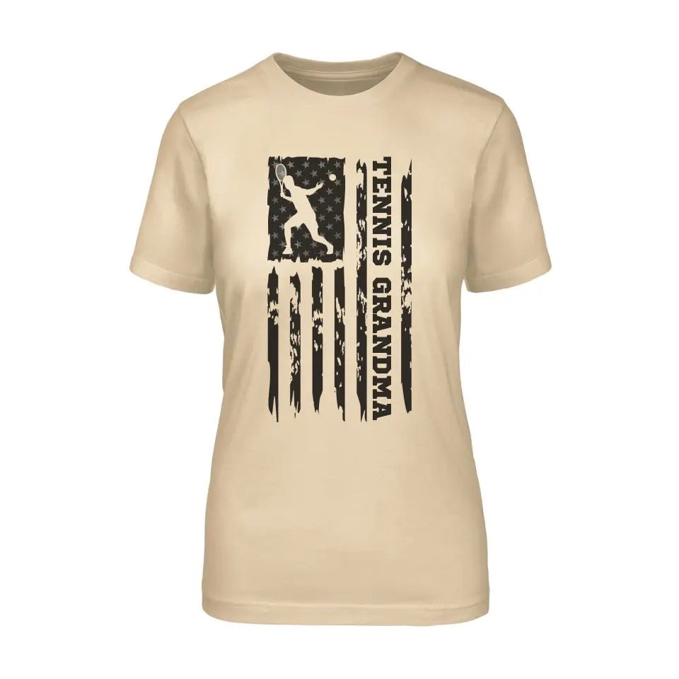 Tennis Grandma Vertical Flag on a Unisex T-Shirt with a Black Graphic