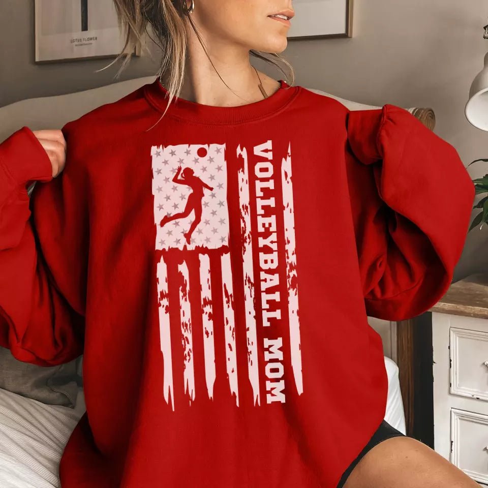 Volleyball Mom Vertical Flag on a Sweatshirt with a White Graphic