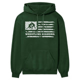 Wrestling Grandma Horizontal Flag on a Hoodie with a White Graphic