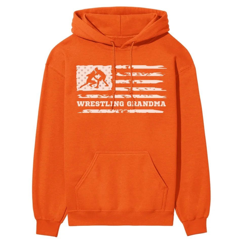 Wrestling Grandma Horizontal Flag on a Hoodie with a White Graphic