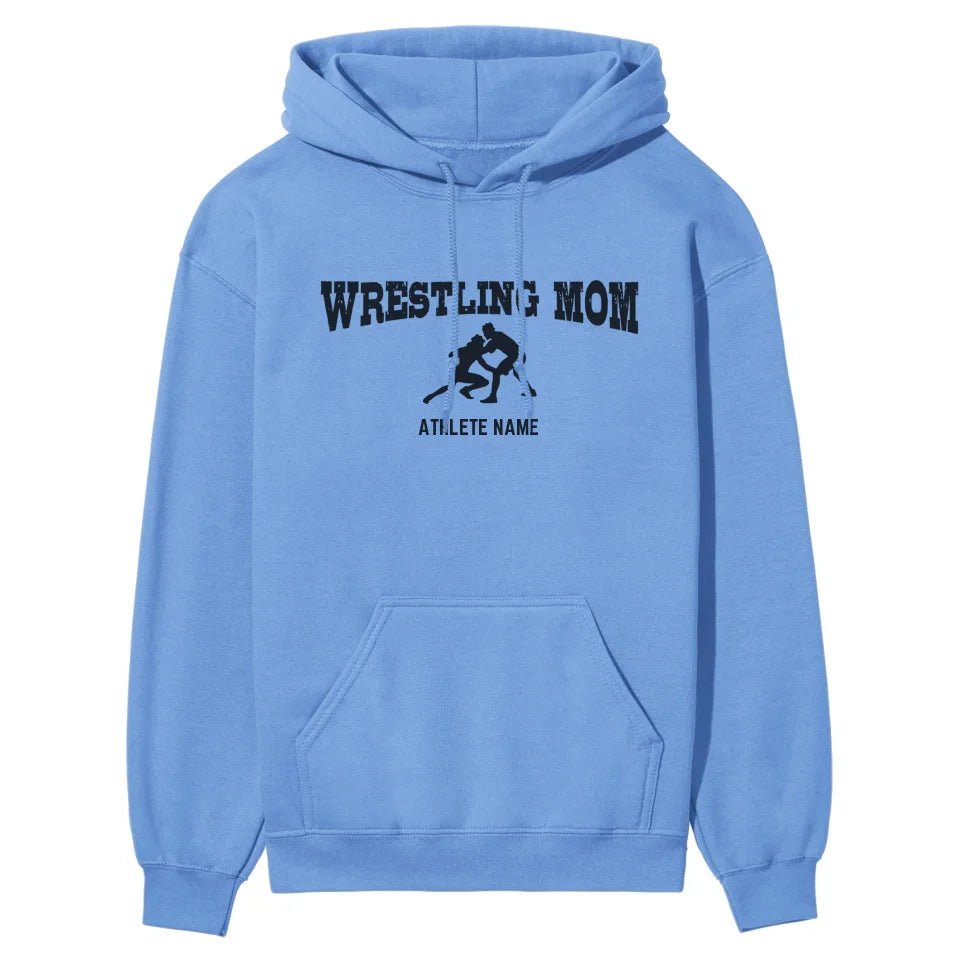Wrestling Mom with Wrestler Icon and Wrestler Name on a Hoodie with a Black Graphic