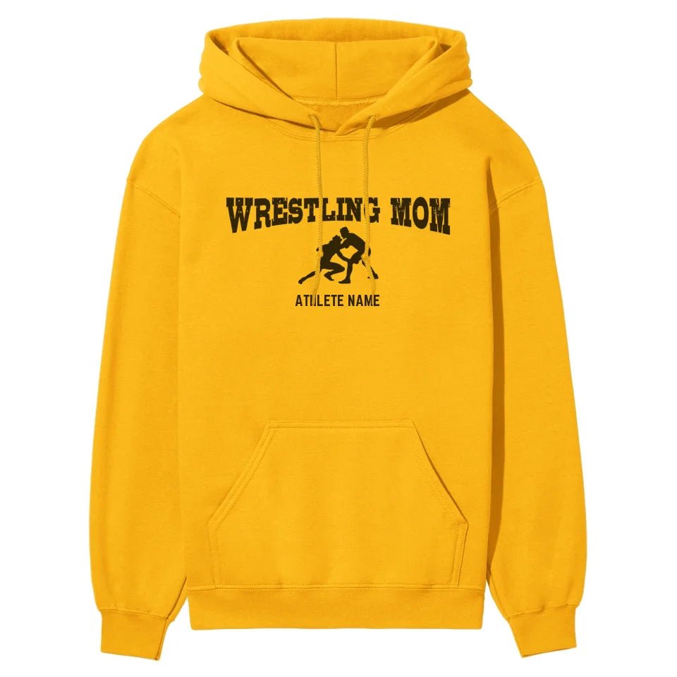 Wrestling Mom with Wrestler Icon and Wrestler Name on a Hoodie with a Black Graphic