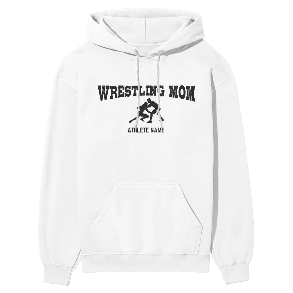 Wrestling Mom with Wrestler Icon and Wrestler Name on a Hoodie with a Black Graphic
