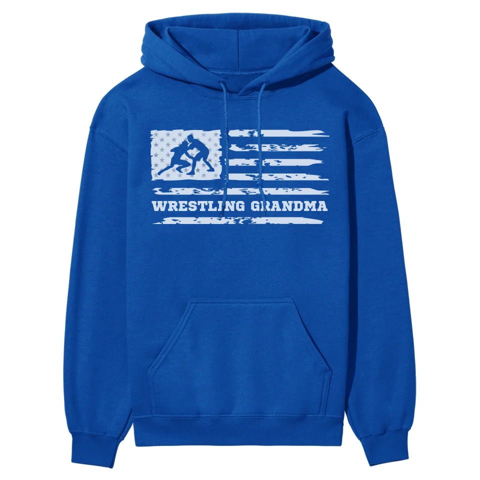 Wrestling Grandma Horizontal Flag on a Hoodie with a White Graphic
