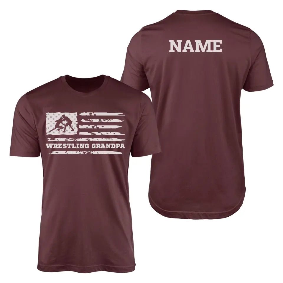Wrestling Grandpa Horizontal Flag With Wrestler Name on a Men's T-Shirt with a White Graphic