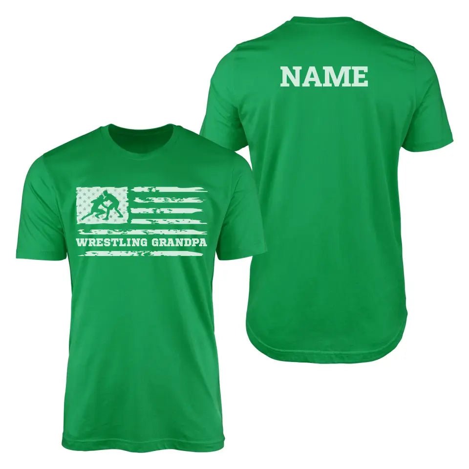 Wrestling Grandpa Horizontal Flag With Wrestler Name on a Men's T-Shirt with a White Graphic