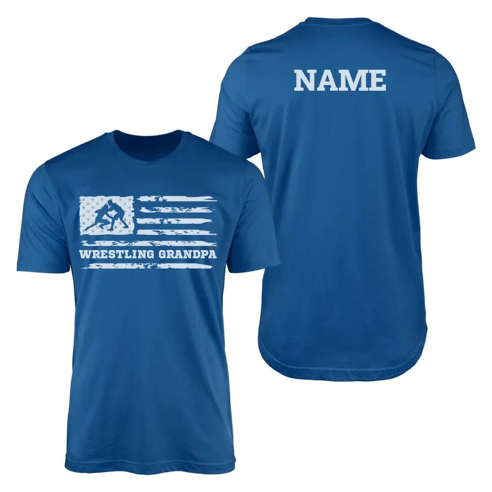 Wrestling Grandpa Horizontal Flag With Wrestler Name on a Men's T-Shirt with a White Graphic