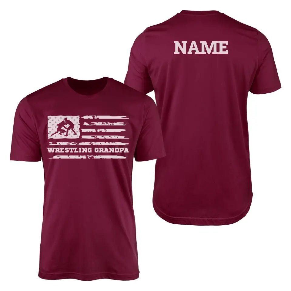 Wrestling Grandpa Horizontal Flag With Wrestler Name on a Men's T-Shirt with a White Graphic