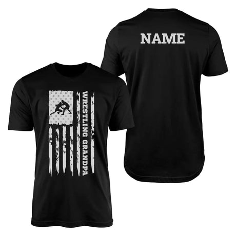 Wrestling Grandpa Vertical Flag With Wrestler Name on a Men's T-Shirt with a White Graphic