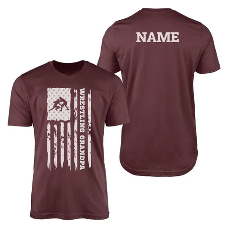 Wrestling Grandpa Vertical Flag With Wrestler Name on a Men's T-Shirt with a White Graphic