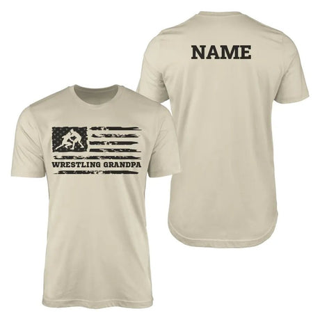 Wrestling Grandpa Horizontal Flag With Wrestler Name on a Men's T-Shirt with a Black Graphic