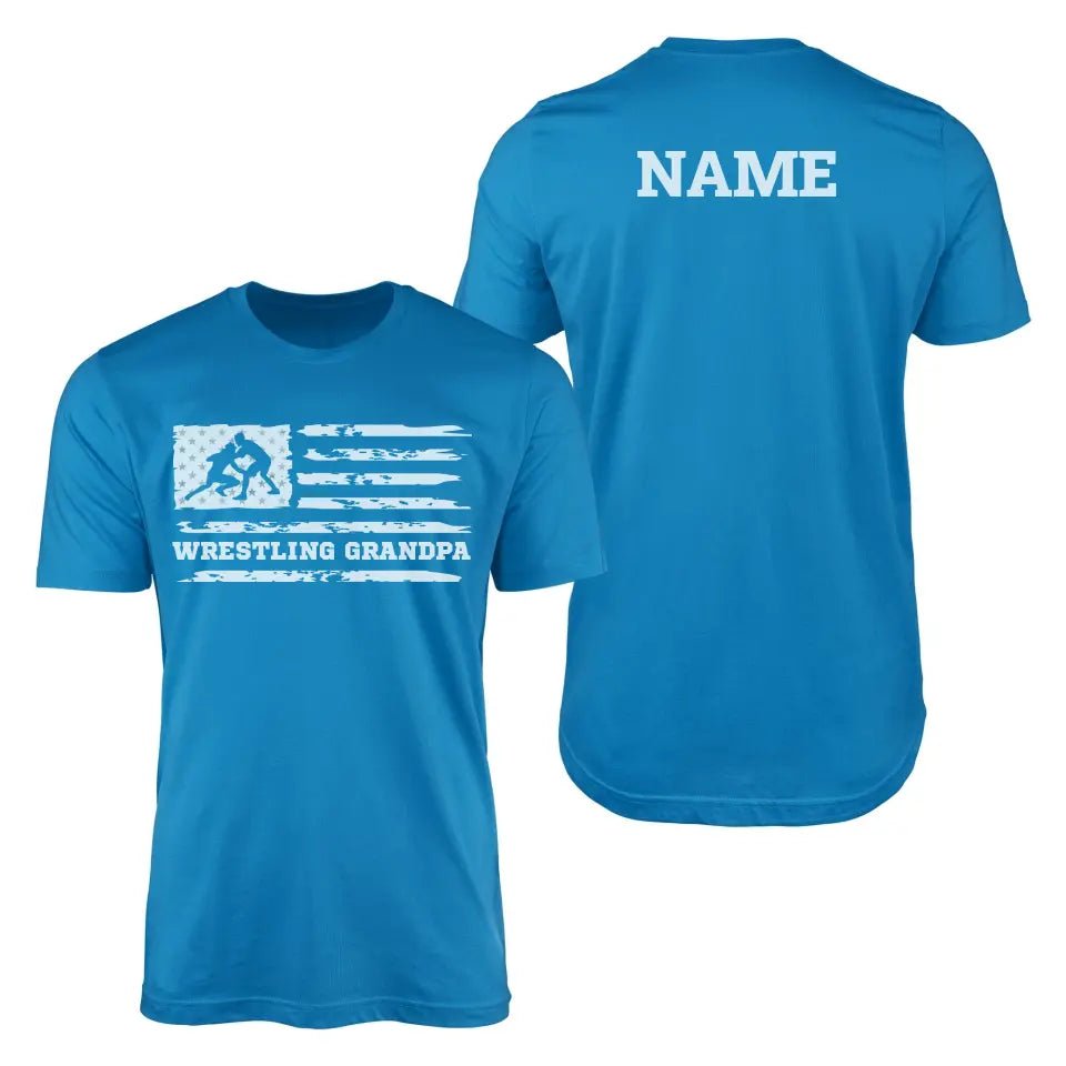Wrestling Grandpa Horizontal Flag With Wrestler Name on a Men's T-Shirt with a White Graphic