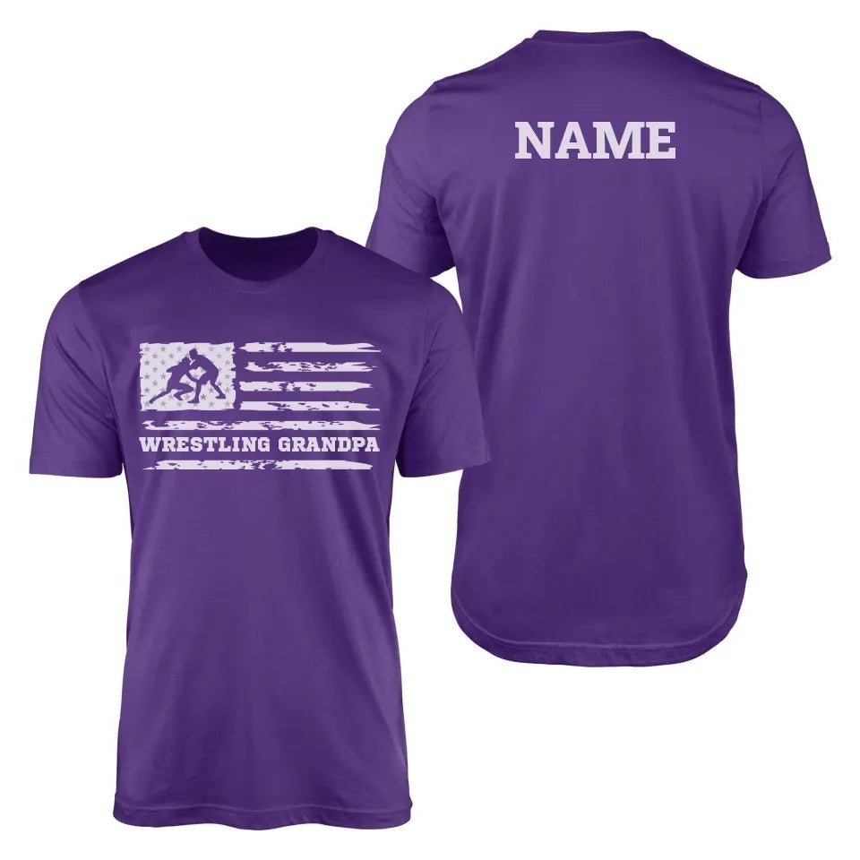 Wrestling Grandpa Horizontal Flag With Wrestler Name on a Men's T-Shirt with a White Graphic