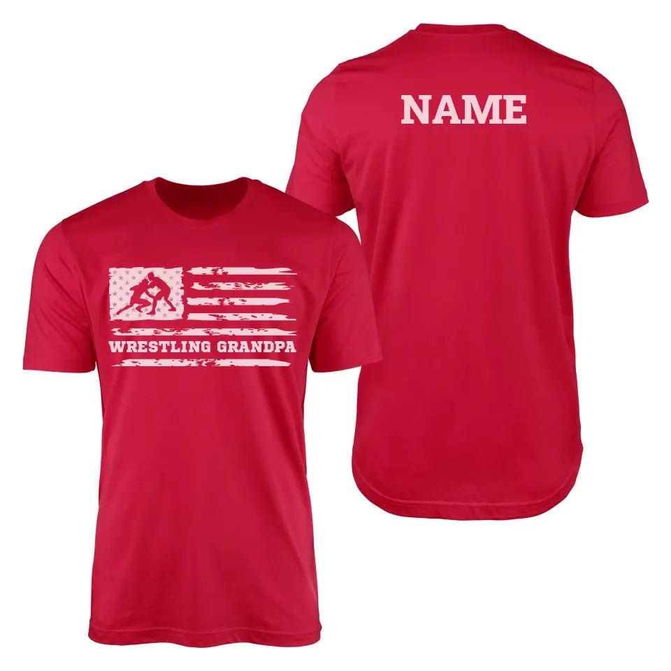 Wrestling Grandpa Horizontal Flag With Wrestler Name on a Men's T-Shirt with a White Graphic