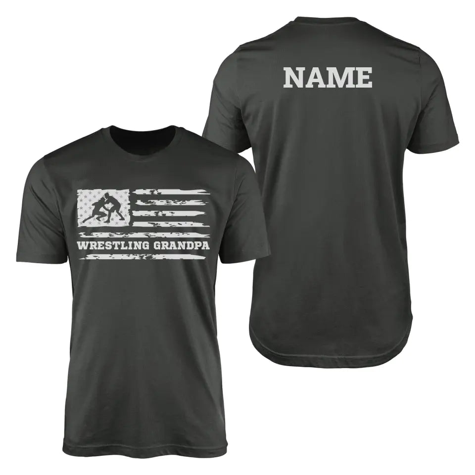 Wrestling Grandpa Horizontal Flag With Wrestler Name on a Men's T-Shirt with a White Graphic