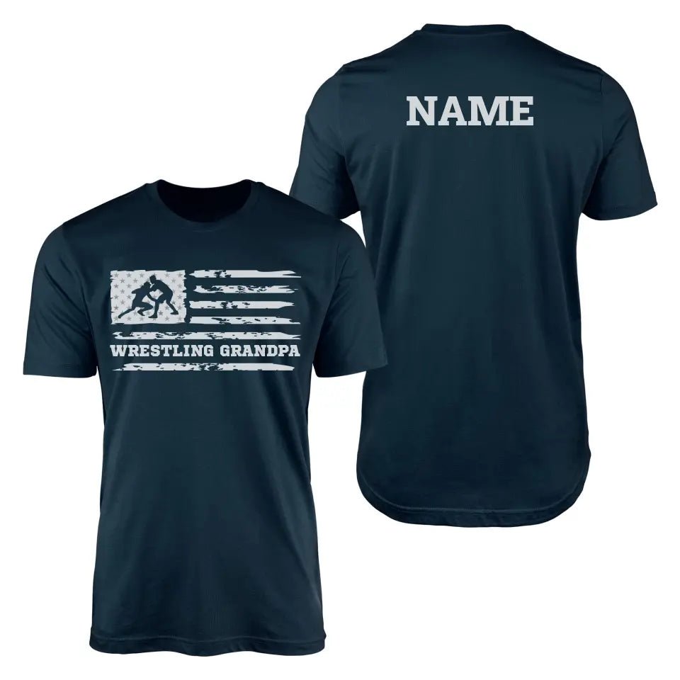 Wrestling Grandpa Horizontal Flag With Wrestler Name on a Men's T-Shirt with a White Graphic