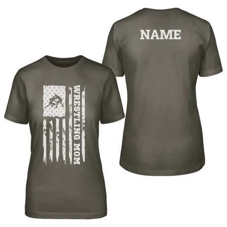 Wrestling Mom Vertical Flag With Wrestler Name on a Unisex T-Shirt with a White Graphic