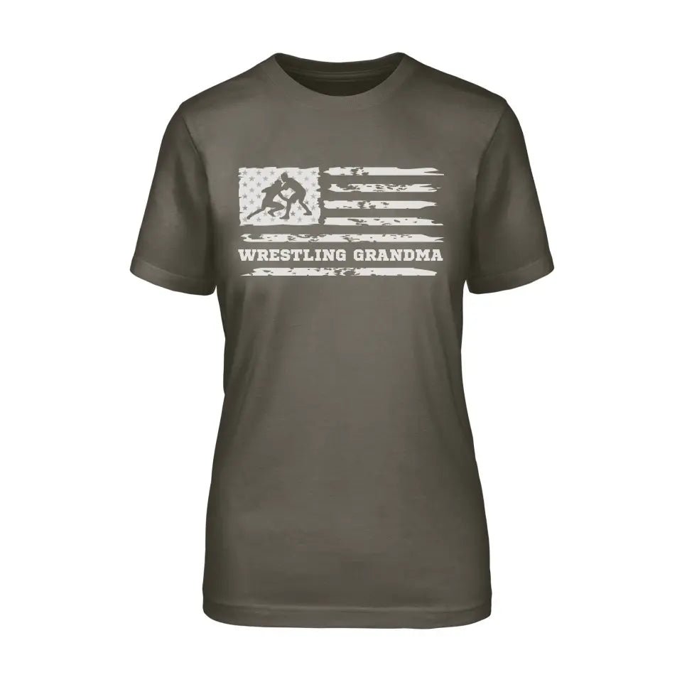 Wrestling Grandma Horizontal Flag on a Unisex T-Shirt with a White Graphic