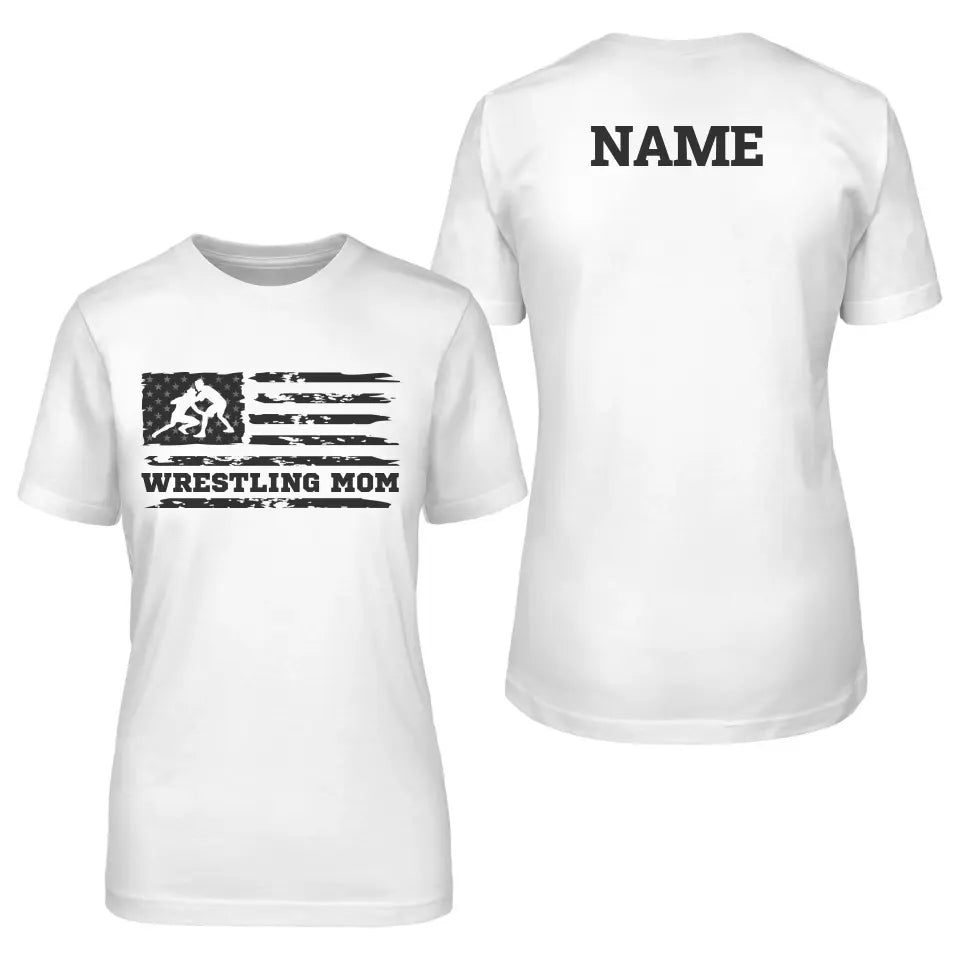 Wrestling Mom Horizontal Flag With Wrestler Name on a Unisex T-Shirt with a Black Graphic