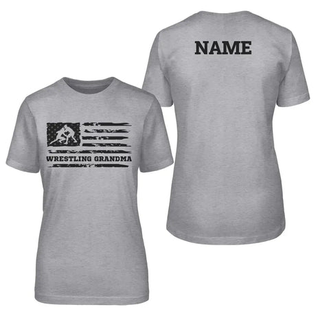 Wrestling Grandma Horizontal Flag With Wrestler Name on a Unisex T-Shirt with a Black Graphic
