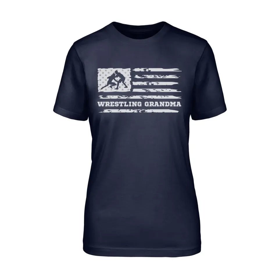Wrestling Grandma Horizontal Flag on a Unisex T-Shirt with a White Graphic