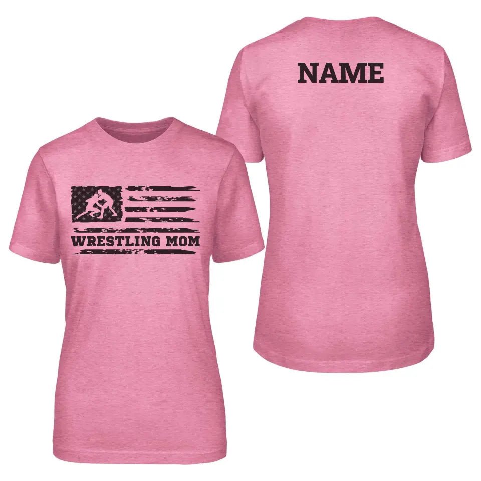 Wrestling Mom Horizontal Flag With Wrestler Name on a Unisex T-Shirt with a Black Graphic