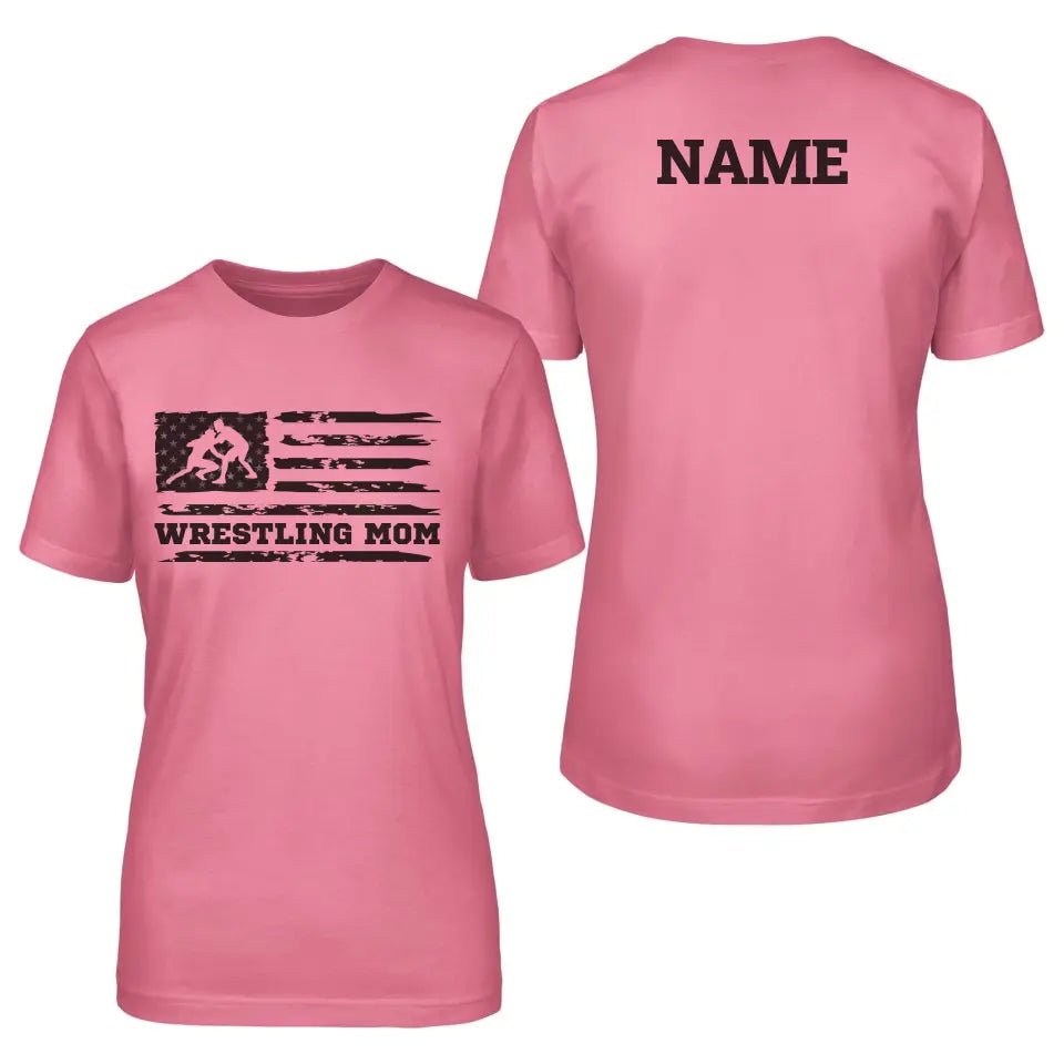 Wrestling Mom Horizontal Flag With Wrestler Name on a Unisex T-Shirt with a Black Graphic
