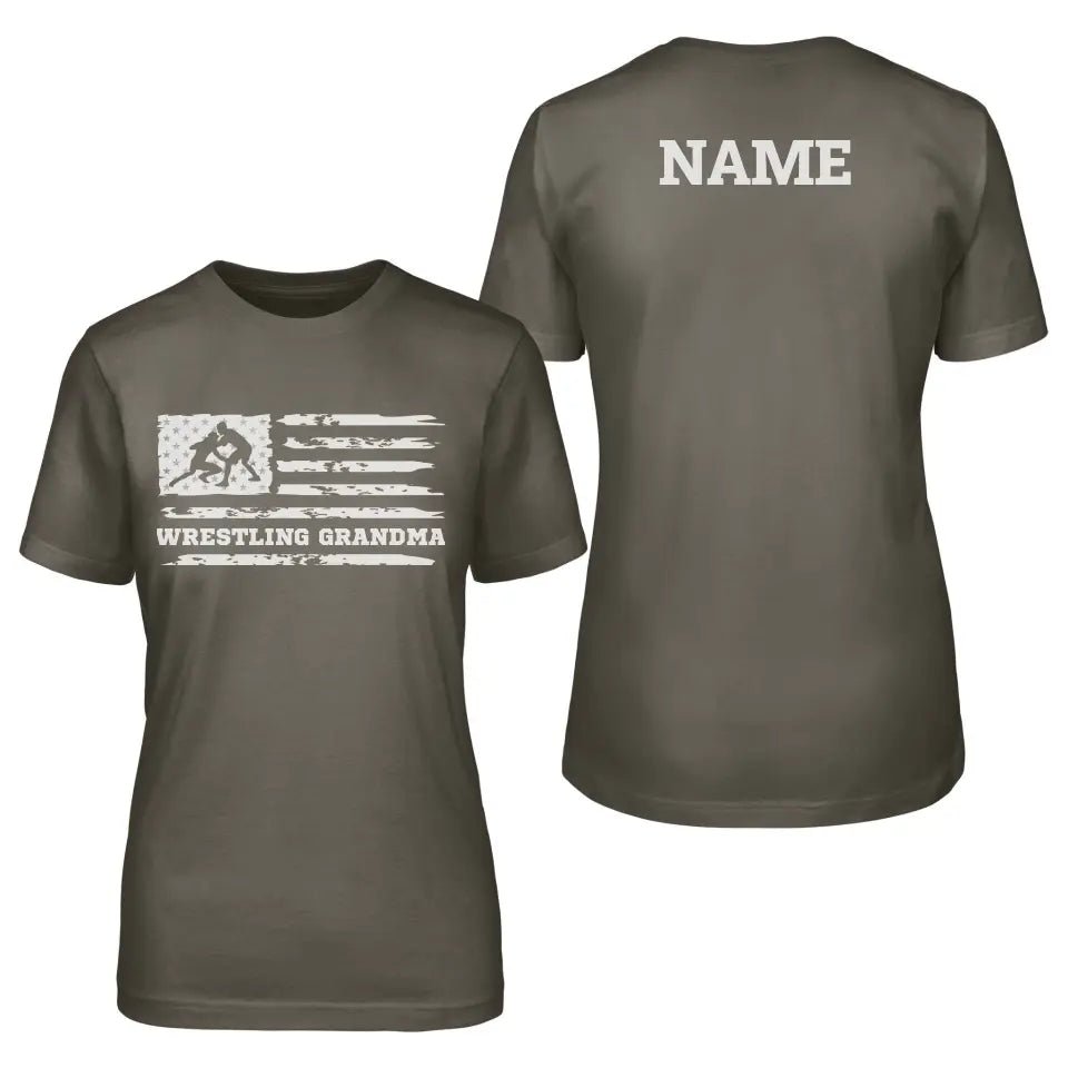Wrestling Grandma Horizontal Flag With Wrestler Name on a Unisex T-Shirt with a White Graphic