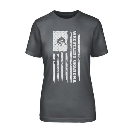 Wrestling Grandma Vertical Flag on a Unisex T-Shirt with a White Graphic