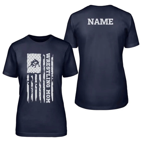 Wrestling Mom Vertical Flag With Wrestler Name on a Unisex T-Shirt with a White Graphic