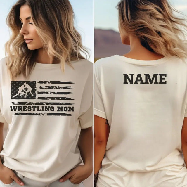 Wrestling Mom Horizontal Flag With Wrestler Name on a Unisex T-Shirt with a Black Graphic