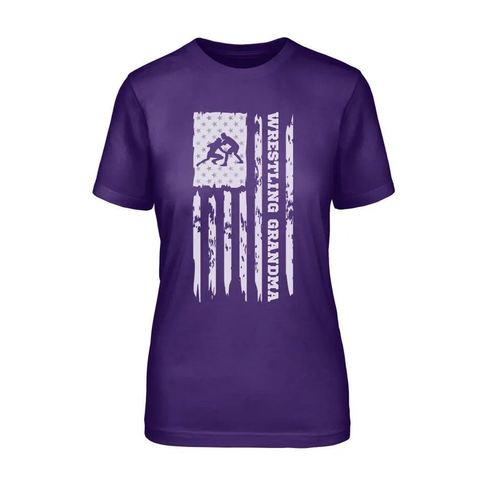 Wrestling Grandma Vertical Flag on a Unisex T-Shirt with a White Graphic