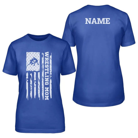 Wrestling Mom Vertical Flag With Wrestler Name on a Unisex T-Shirt with a White Graphic