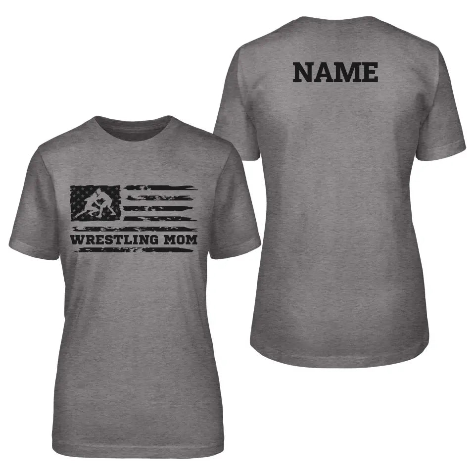 Wrestling Mom Horizontal Flag With Wrestler Name on a Unisex T-Shirt with a Black Graphic