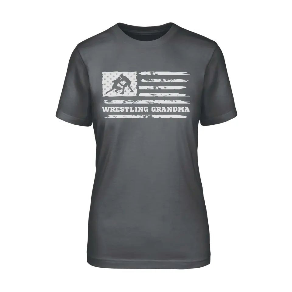 Wrestling Grandma Horizontal Flag on a Unisex T-Shirt with a White Graphic