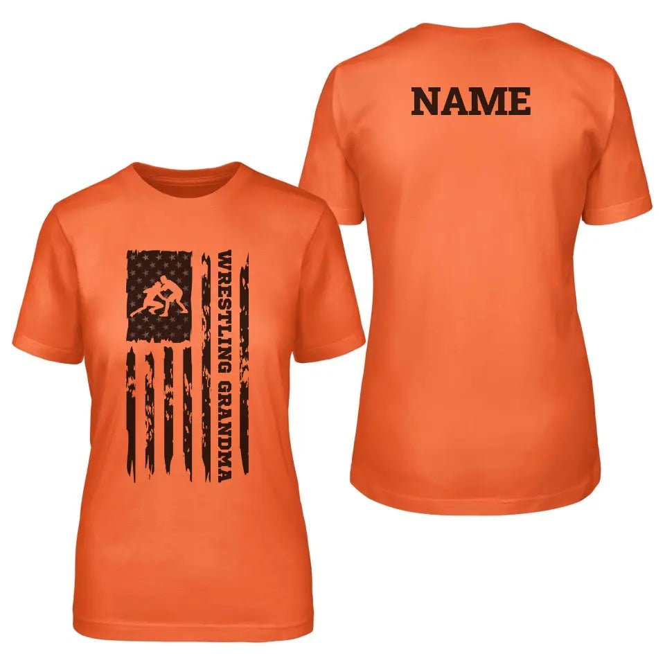 Wrestling Grandma Vertical Flag With Wrestler Name on a Unisex T-Shirt with a Black Graphic