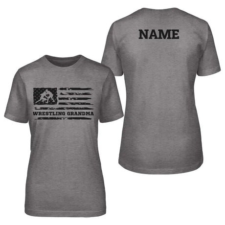 Wrestling Grandma Horizontal Flag With Wrestler Name on a Unisex T-Shirt with a Black Graphic
