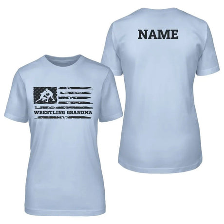 Wrestling Grandma Horizontal Flag With Wrestler Name on a Unisex T-Shirt with a Black Graphic