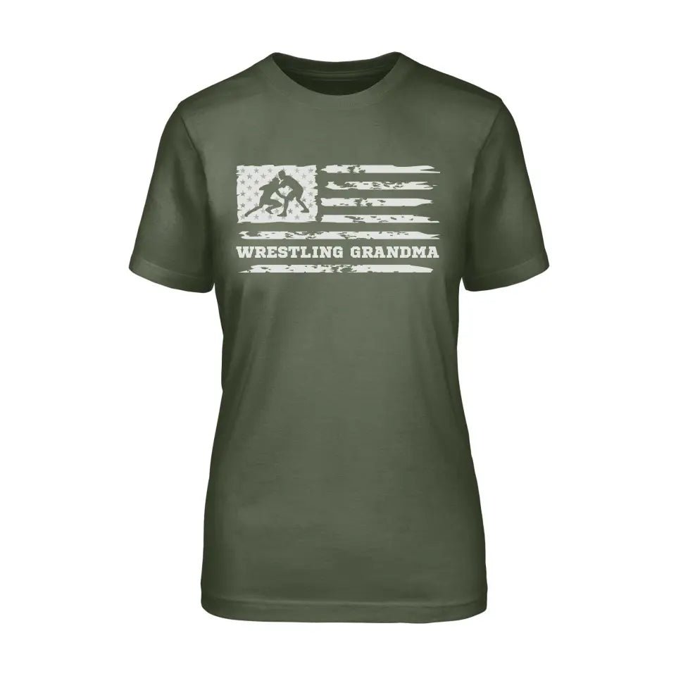 Wrestling Grandma Horizontal Flag on a Unisex T-Shirt with a White Graphic